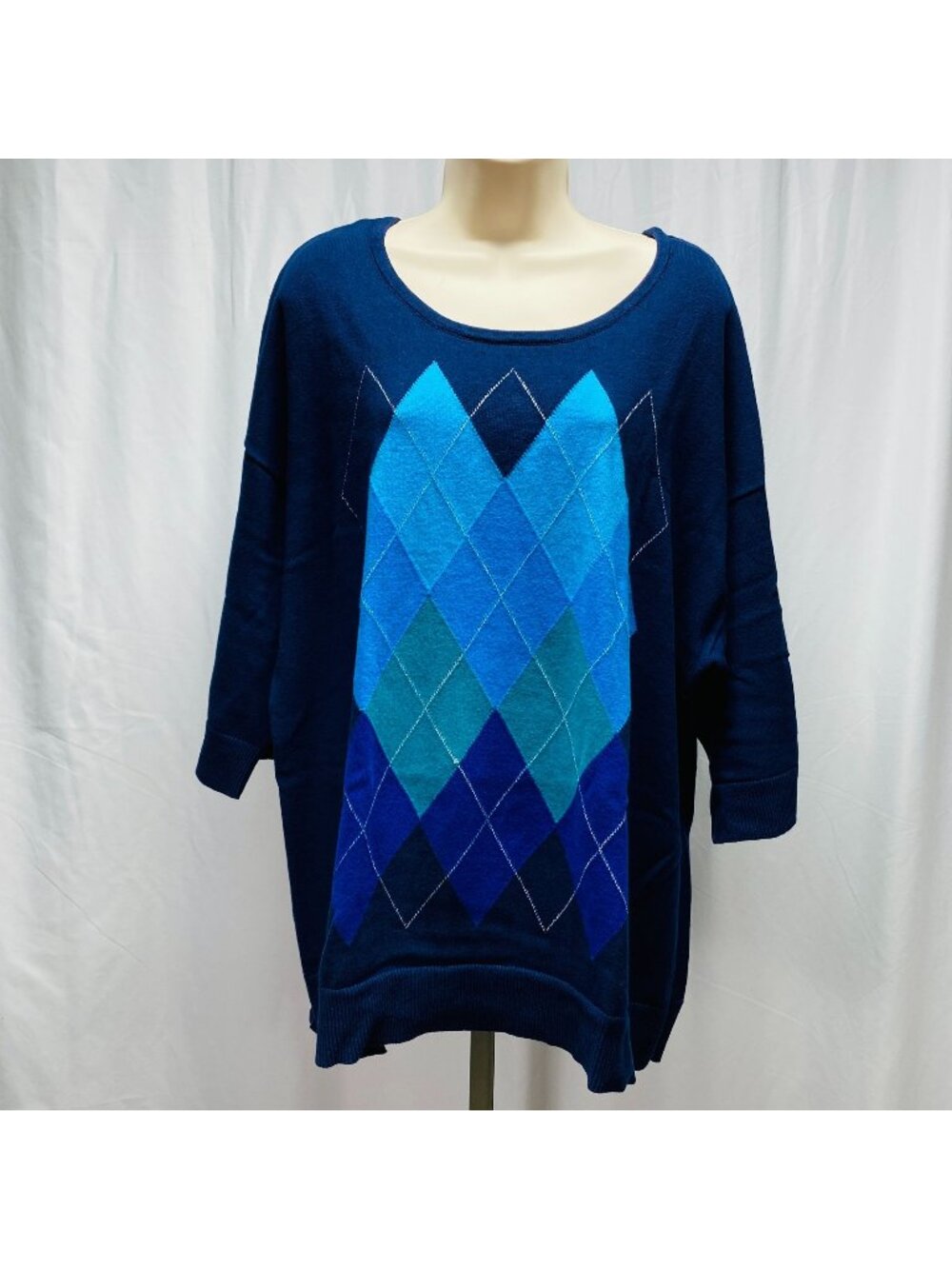 Catherines Womens 1X Pullover Sweater Navy Blue Argyle Print 3/4 Sleeves Cotton